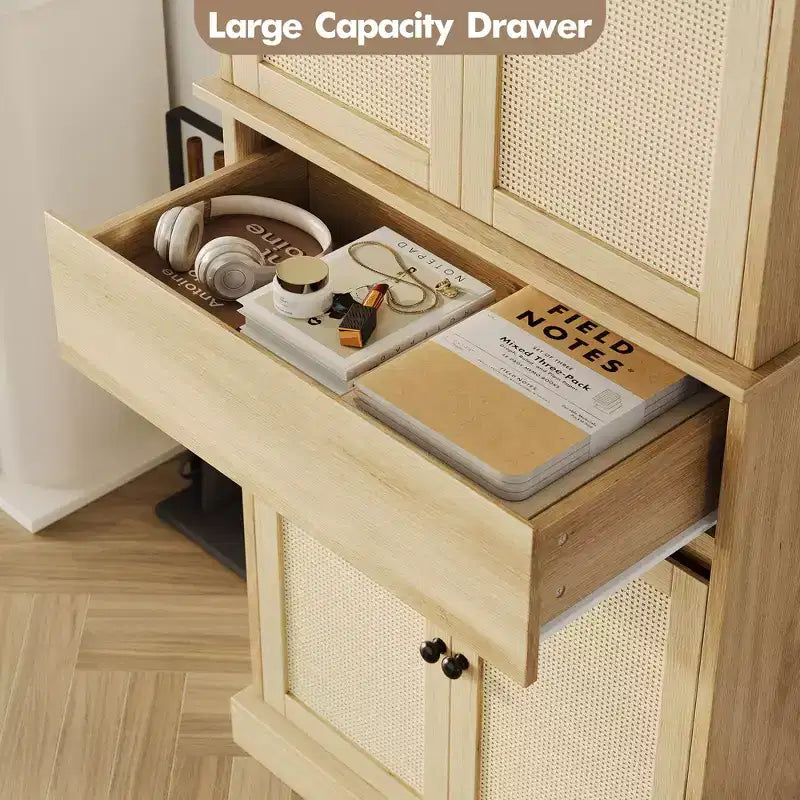 Mobile Dispensa da Cucina, Armadio Contenitore Alto con Ante in Rattan e Ripiani Regolabili, Credenza Indipendente con Cassetto