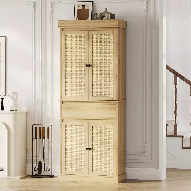 Mobile Dispensa da Cucina, Armadio Contenitore Alto con Ante in Rattan e Ripiani Regolabili, Credenza Indipendente con Cassetto