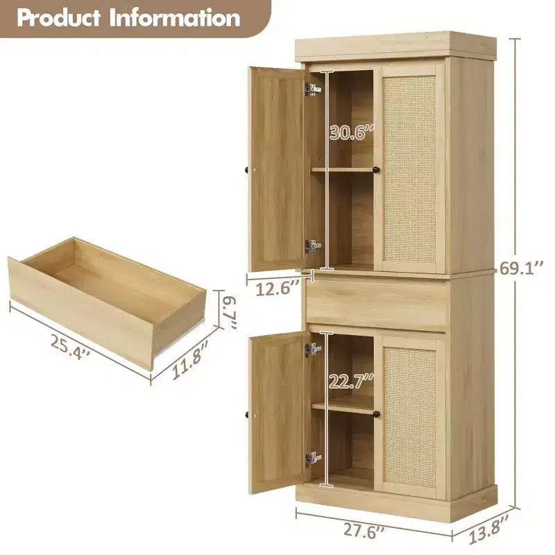 Mobile Dispensa da Cucina, Armadio Contenitore Alto con Ante in Rattan e Ripiani Regolabili, Credenza Indipendente con Cassetto