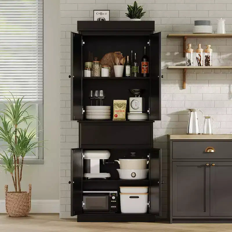 Mobile Dispensa da Cucina, Armadio Contenitore Alto con Ante in Rattan e Ripiani Regolabili, Credenza Indipendente con Cassetto
