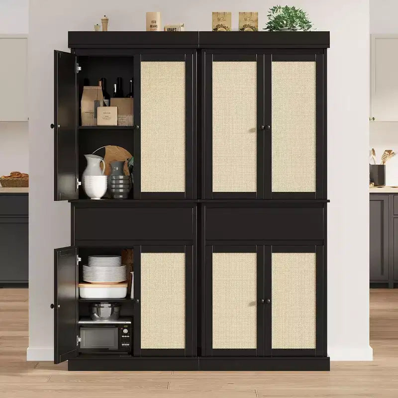 Mobile Dispensa da Cucina, Armadio Contenitore Alto con Ante in Rattan e Ripiani Regolabili, Credenza Indipendente con Cassetto