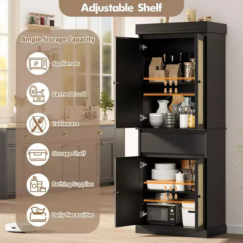 Mobile Dispensa da Cucina, Armadio Contenitore Alto con Ante in Rattan e Ripiani Regolabili, Credenza Indipendente con Cassetto