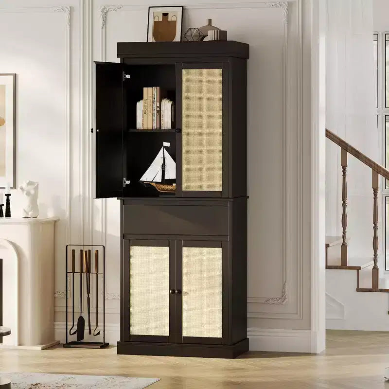 Mobile Dispensa da Cucina, Armadio Contenitore Alto con Ante in Rattan e Ripiani Regolabili, Credenza Indipendente con Cassetto