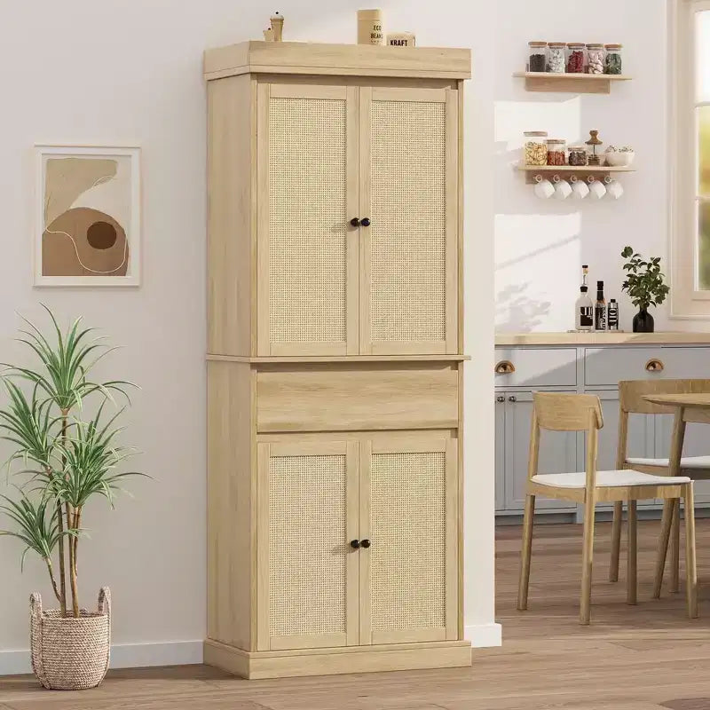 Mobile Dispensa da Cucina, Armadio Contenitore Alto con Ante in Rattan e Ripiani Regolabili, Credenza Indipendente con Cassetto