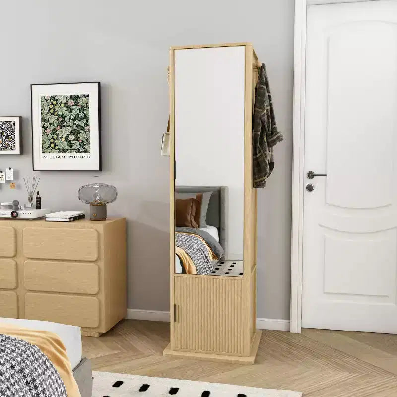 Modern Full Length Floor Mirror with Storage Cabinet, Multifunctional 360 Rotating Mackup Mirror for Bedroom or Dressing Room-Panipeachy