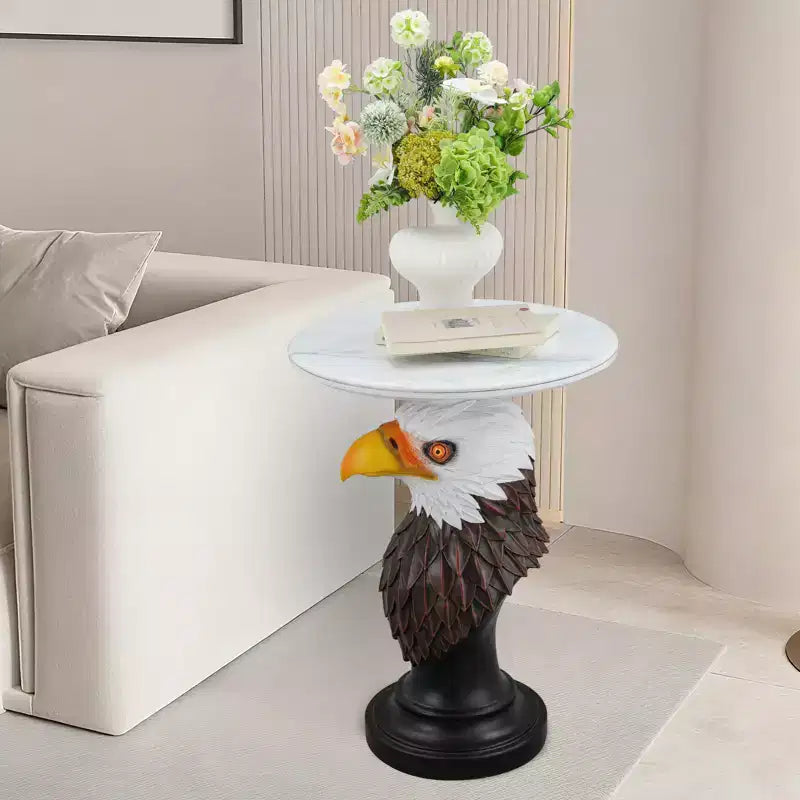 Tavolino d'appoggio con animale con piano in finto marmo, tavolino scultoreo per soggiorno camera da letto