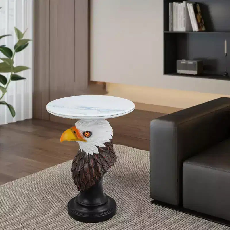 Tavolino d'appoggio con animale con piano in finto marmo, tavolino scultoreo per soggiorno camera da letto