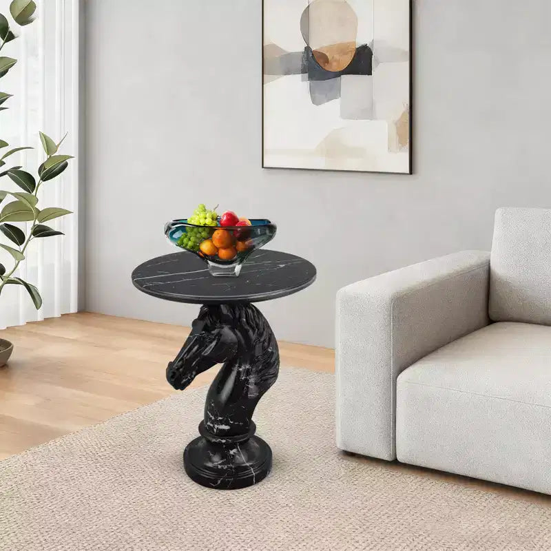 Tavolino d'appoggio con animale con piano in finto marmo, tavolino scultoreo per soggiorno camera da letto