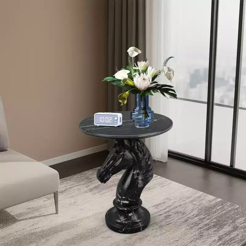 Tavolino d'appoggio con animale con piano in finto marmo, tavolino scultoreo per soggiorno camera da letto