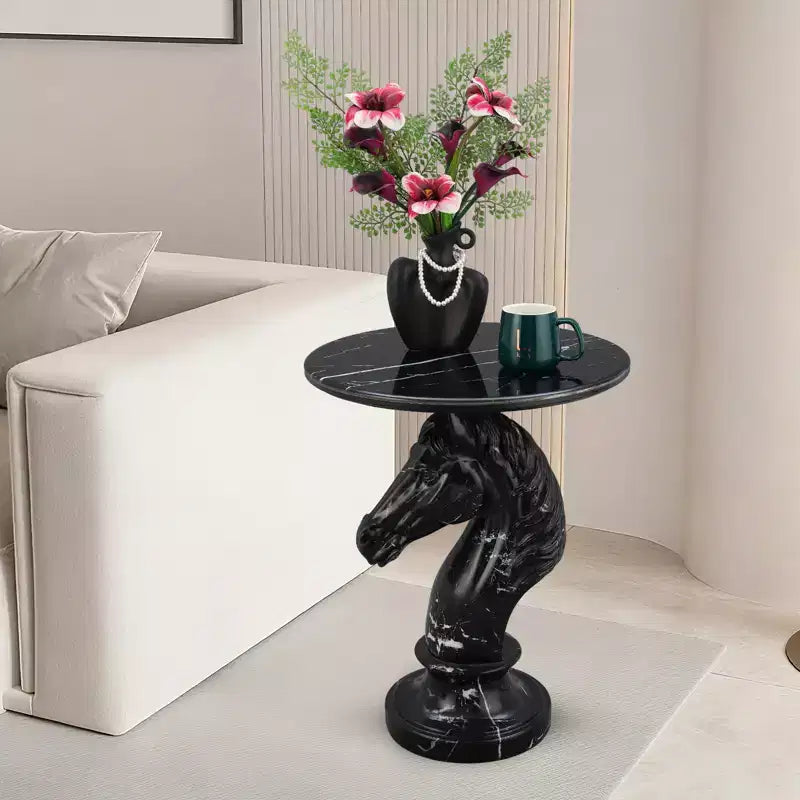 Tavolino d'appoggio con animale con piano in finto marmo, tavolino scultoreo per soggiorno camera da letto