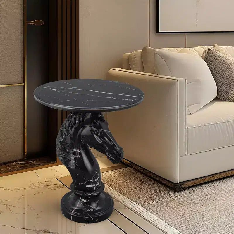 Tavolino d'appoggio con animale con piano in finto marmo, tavolino scultoreo per soggiorno camera da letto