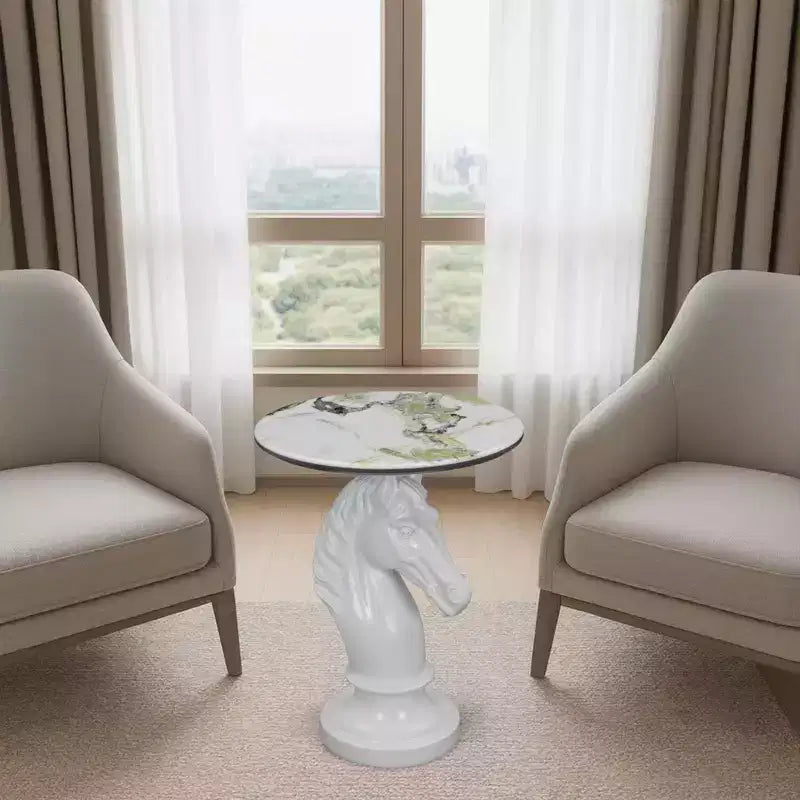 Tavolino d'appoggio con animale con piano in finto marmo, tavolino scultoreo per soggiorno camera da letto