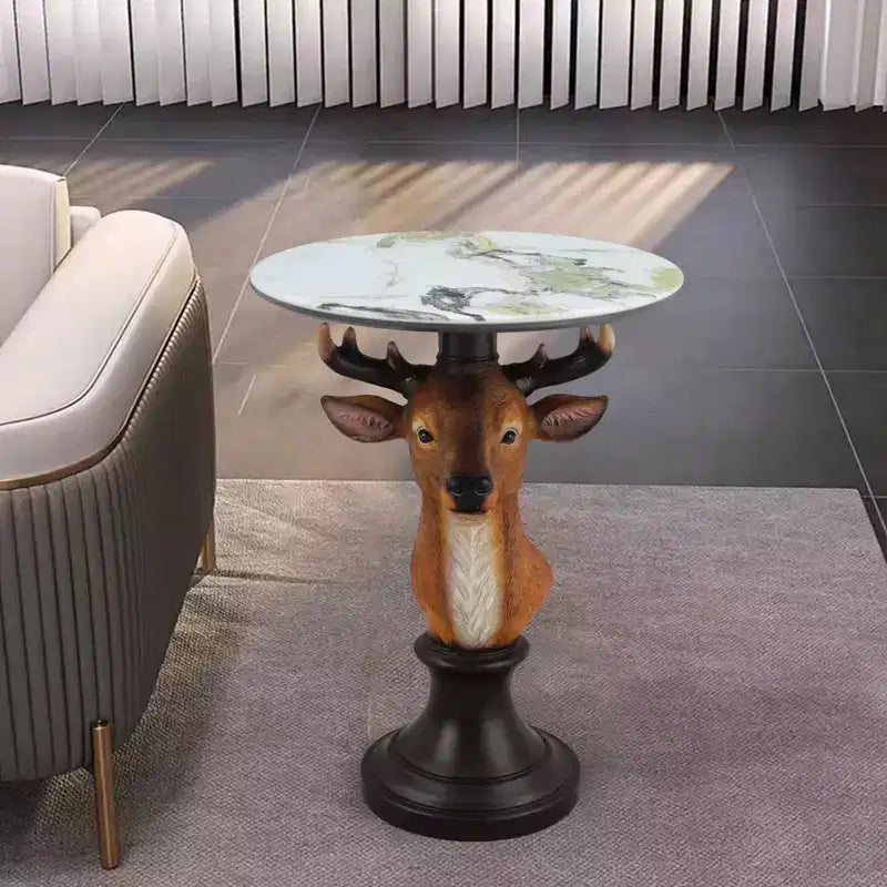 Tavolino d'appoggio con animale con piano in finto marmo, tavolino scultoreo per soggiorno camera da letto