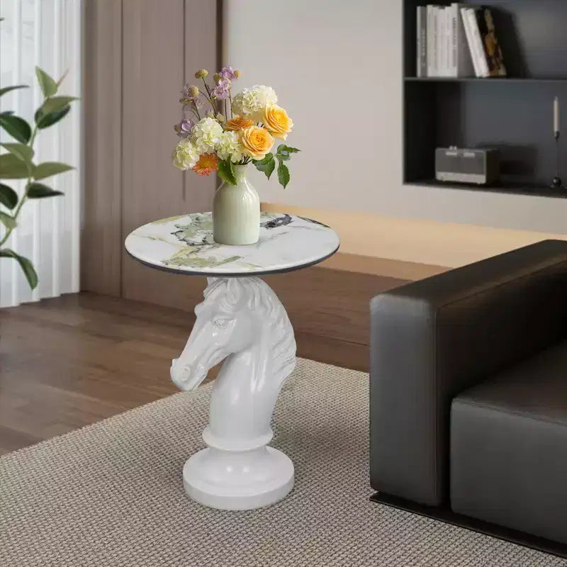 Tavolino d'appoggio con animale con piano in finto marmo, tavolino scultoreo per soggiorno camera da letto