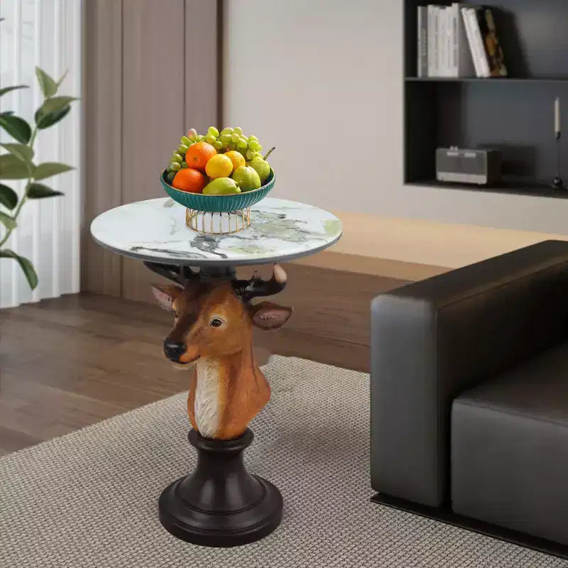 Tavolino d'appoggio con animale con piano in finto marmo, tavolino scultoreo per soggiorno camera da letto