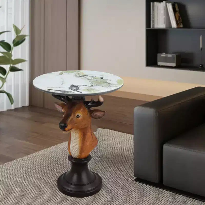 Tavolino d'appoggio con animale con piano in finto marmo, tavolino scultoreo per soggiorno camera da letto