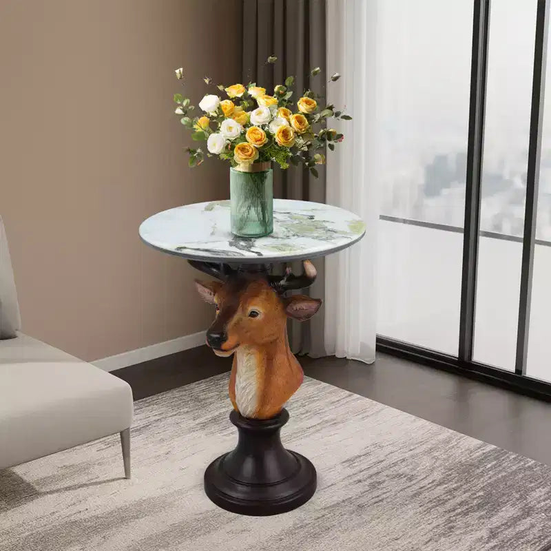 Tavolino d'appoggio con animale con piano in finto marmo, tavolino scultoreo per soggiorno camera da letto