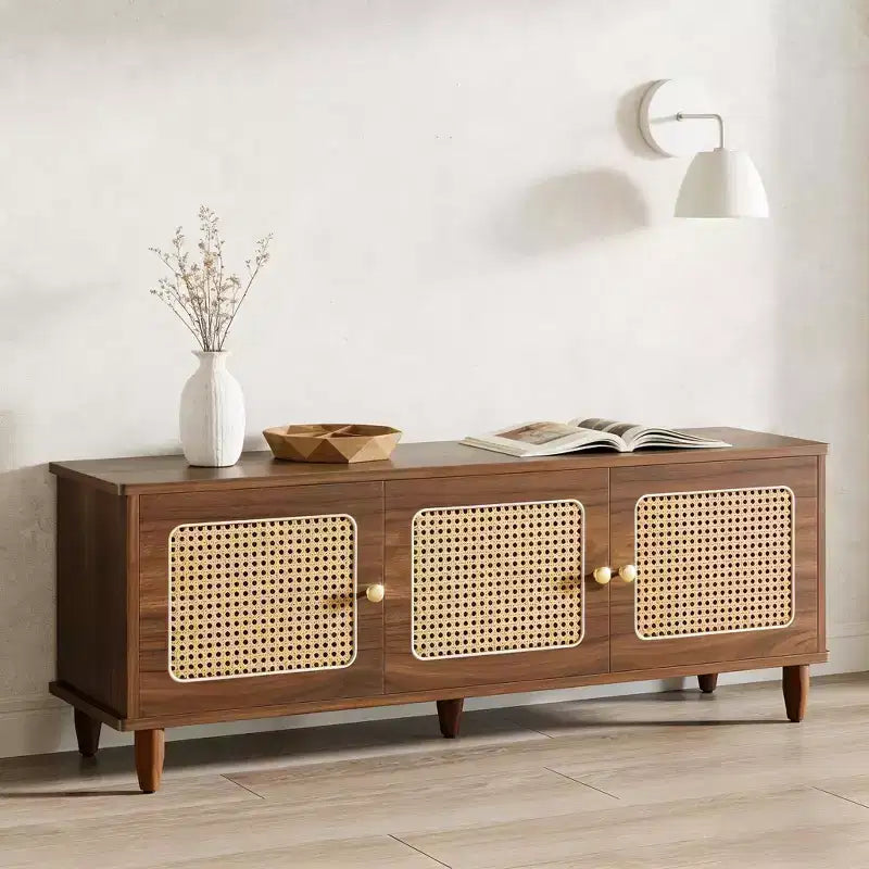 GDFStudio Yinghou Farmhouse 55 Wooden 2-Tier Storage Bench with PVC Rattan Doors