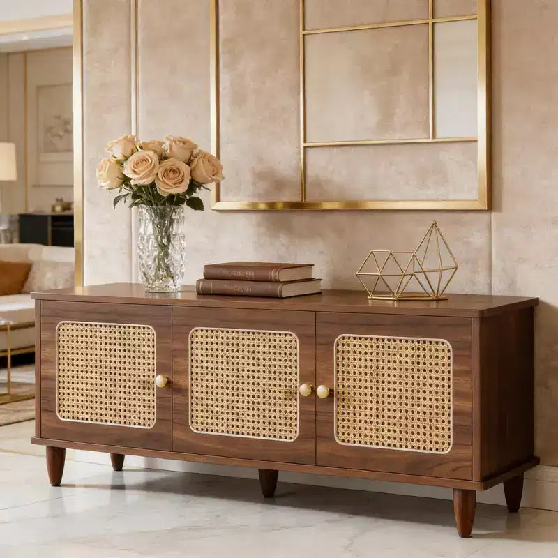 Panca scarpiera da ingresso 55" a 2 livelli in stile Farmhouse con ante in rattan PVC, capacità 10 paia, 5 gambe in legno