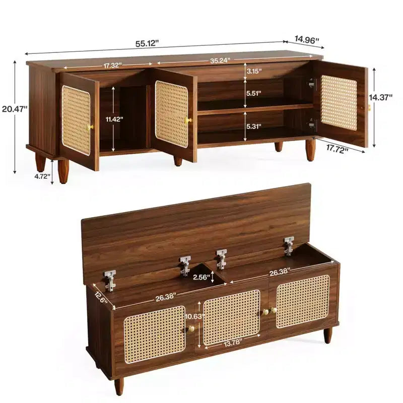 Panca scarpiera da ingresso 55" a 2 livelli in stile Farmhouse con ante in rattan PVC, capacità 10 paia, 5 gambe in legno