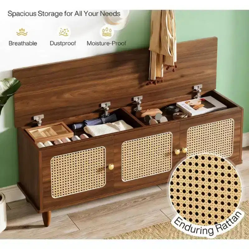 Panca scarpiera da ingresso 55" a 2 livelli in stile Farmhouse con ante in rattan PVC, capacità 10 paia, 5 gambe in legno