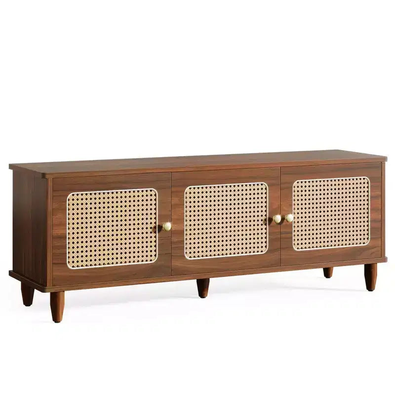 Panca scarpiera da ingresso 55" a 2 livelli in stile Farmhouse con ante in rattan PVC, capacità 10 paia, 5 gambe in legno