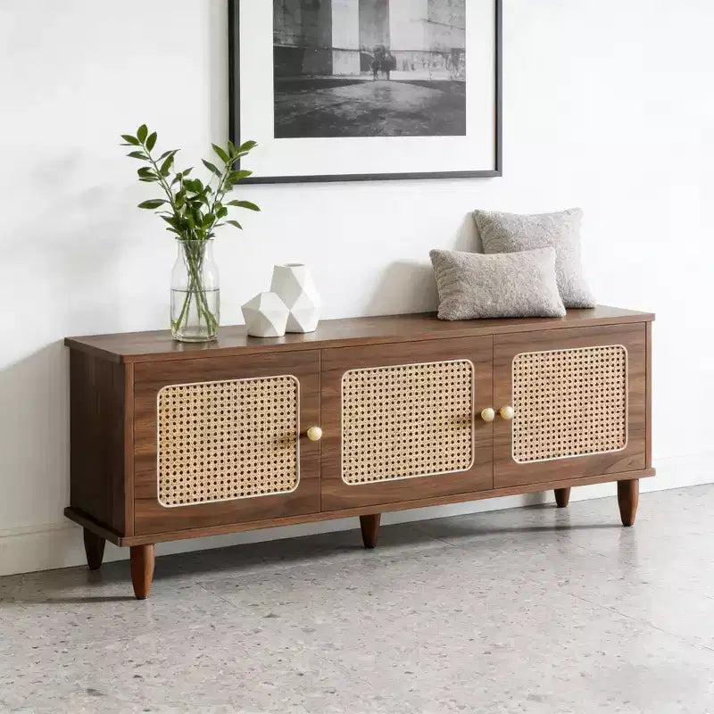 Panca scarpiera da ingresso 55" a 2 livelli in stile Farmhouse con ante in rattan PVC, capacità 10 paia, 5 gambe in legno