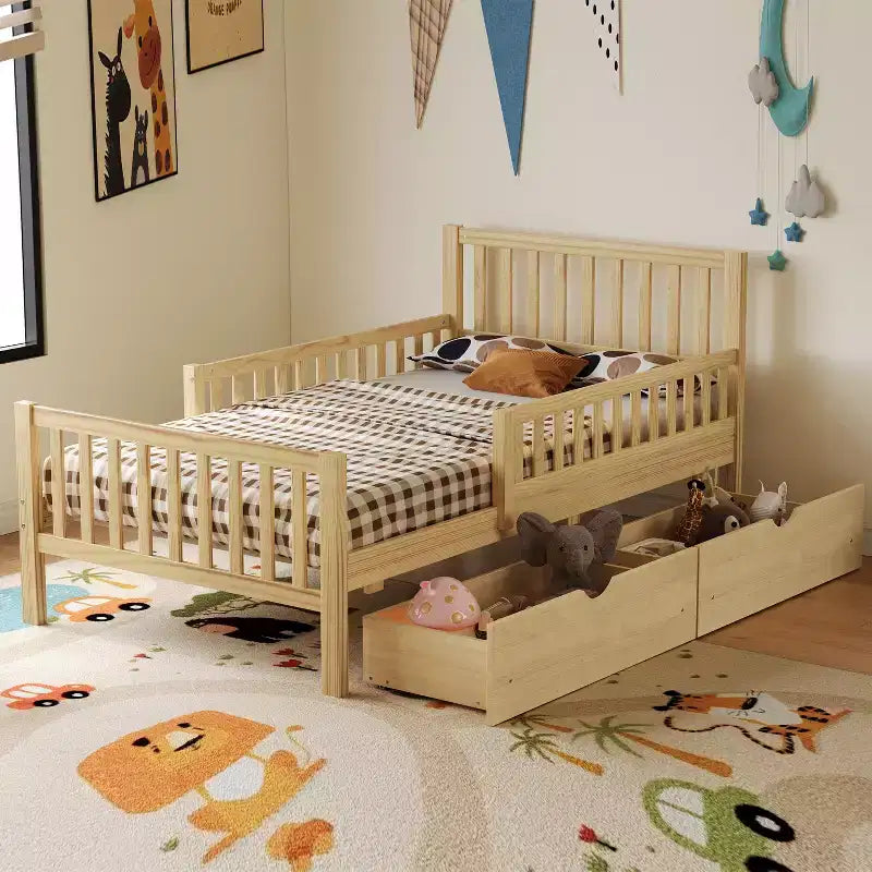 Twin Size Wood Platform Bed with Guardrails and 2 Storage Drawers, Natural