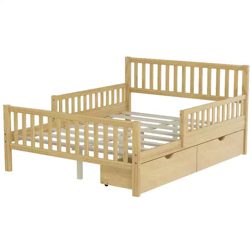 Letto a piattaforma in legno per letto singolo con sponde protettive e 2 cassetti portaoggetti, Naturale