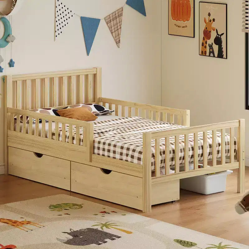 Letto a piattaforma in legno per letto singolo con sponde protettive e 2 cassetti portaoggetti, Naturale