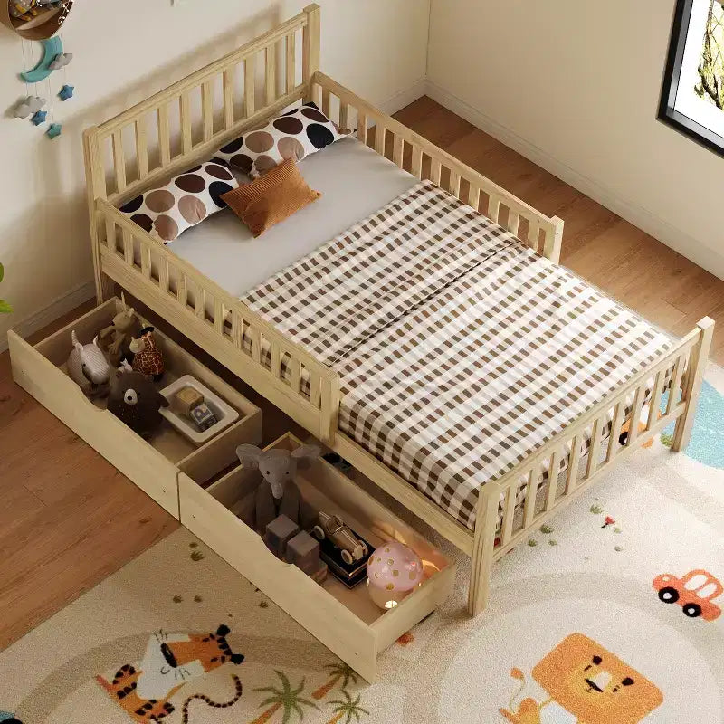 Letto a piattaforma in legno per letto singolo con sponde protettive e 2 cassetti portaoggetti, Naturale