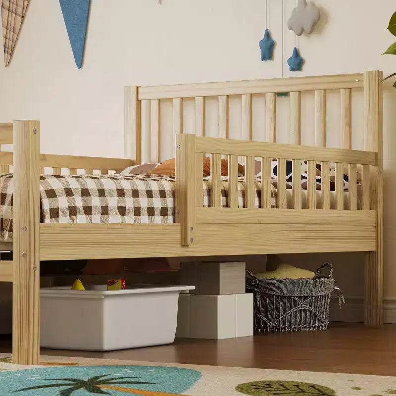 Letto a piattaforma in legno per letto singolo con sponde protettive e 2 cassetti portaoggetti, Naturale