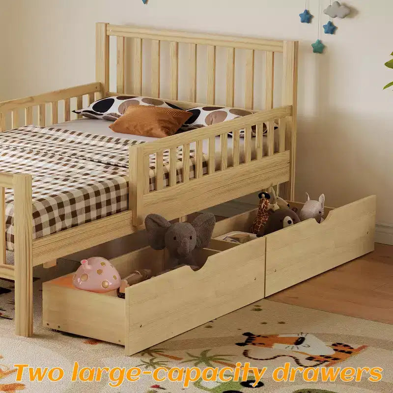 Letto a piattaforma in legno per letto singolo con sponde protettive e 2 cassetti portaoggetti, Naturale