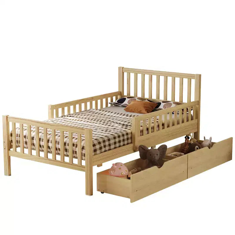 Letto a piattaforma in legno per letto singolo con sponde protettive e 2 cassetti portaoggetti, Naturale