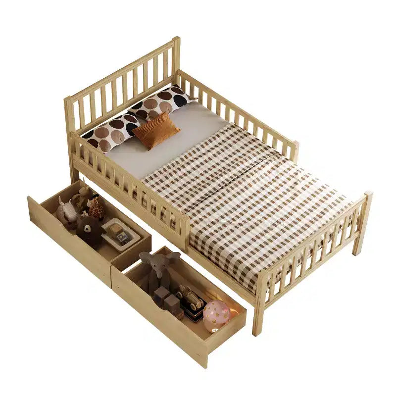 Letto a piattaforma in legno per letto singolo con sponde protettive e 2 cassetti portaoggetti, Naturale