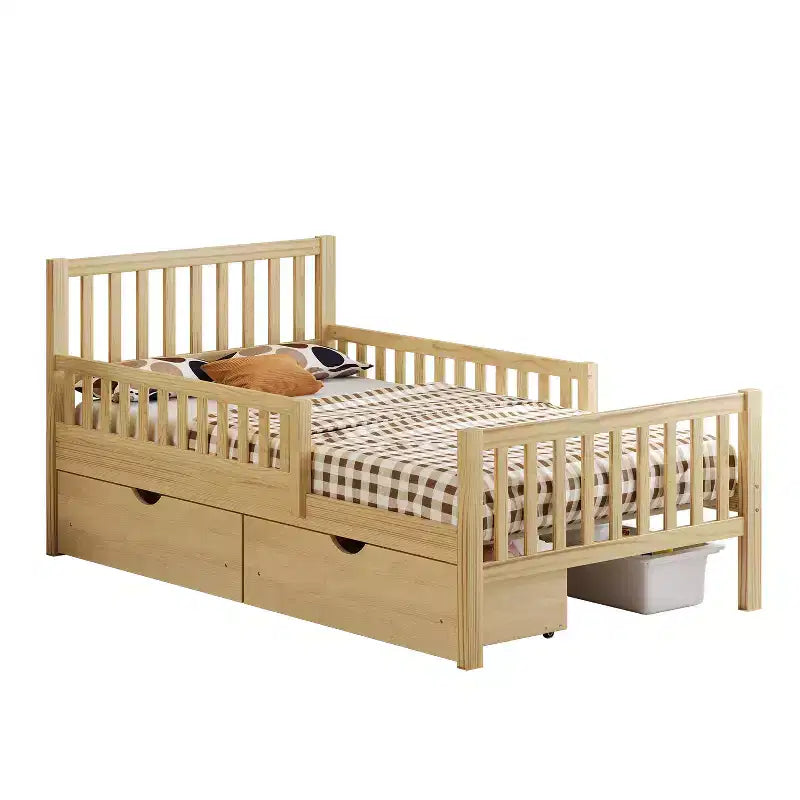 Letto a piattaforma in legno per letto singolo con sponde protettive e 2 cassetti portaoggetti, Naturale