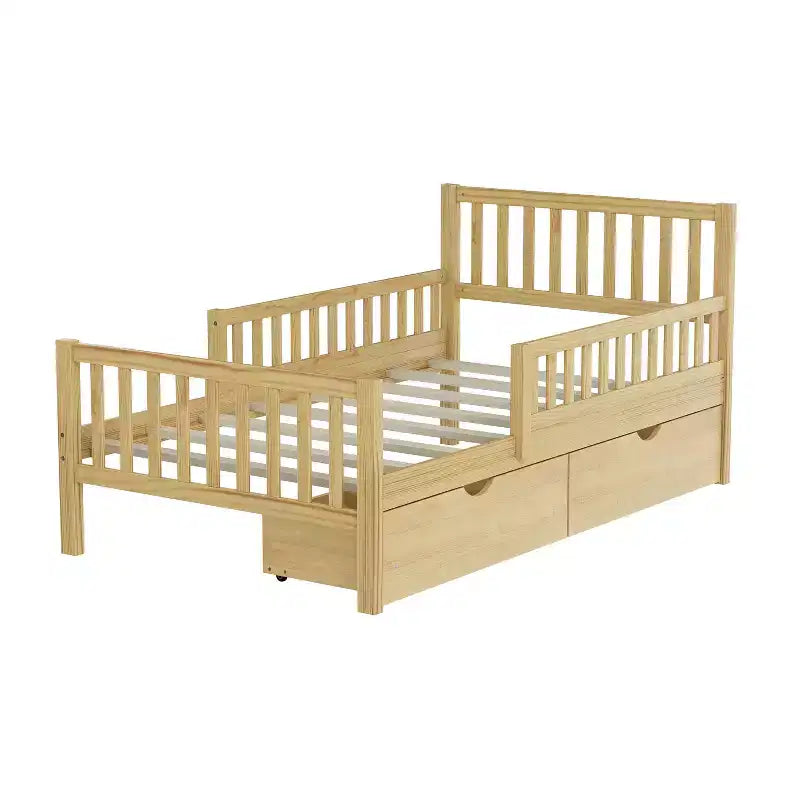 Letto a piattaforma in legno per letto singolo con sponde protettive e 2 cassetti portaoggetti, Naturale
