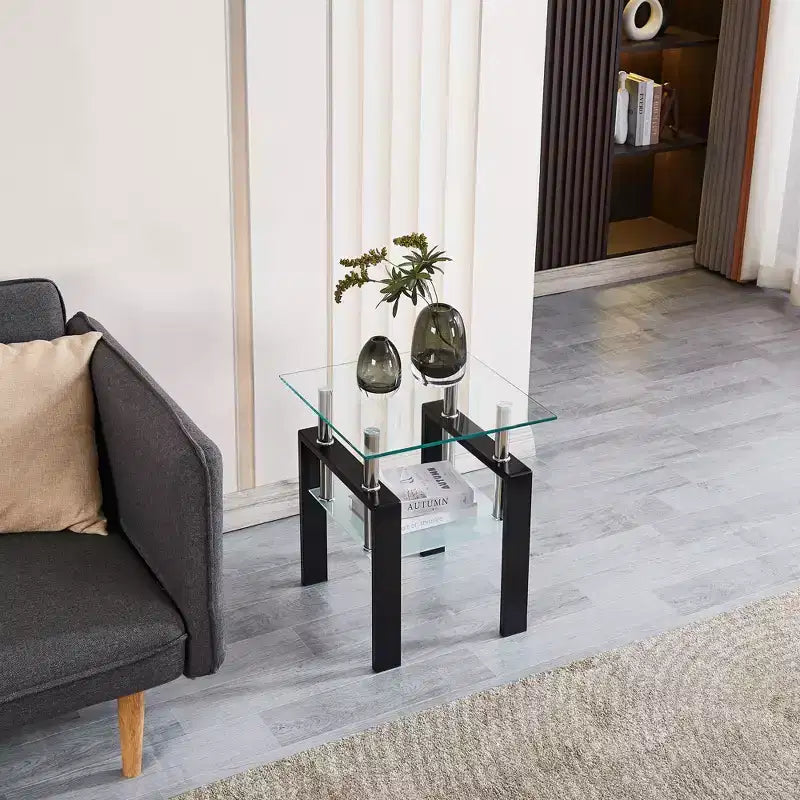 Tempered Glass End Table, 2-Tier Side Table with Storage for Living Room and Bedroom
