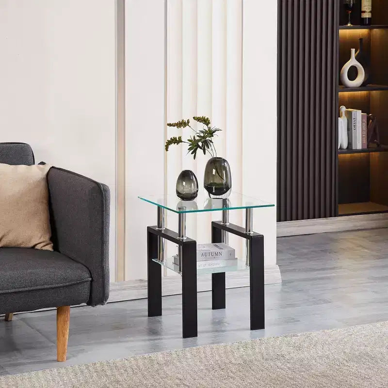 Tempered Glass End Table, 2-Tier Side Table with Storage for Living Room and Bedroom