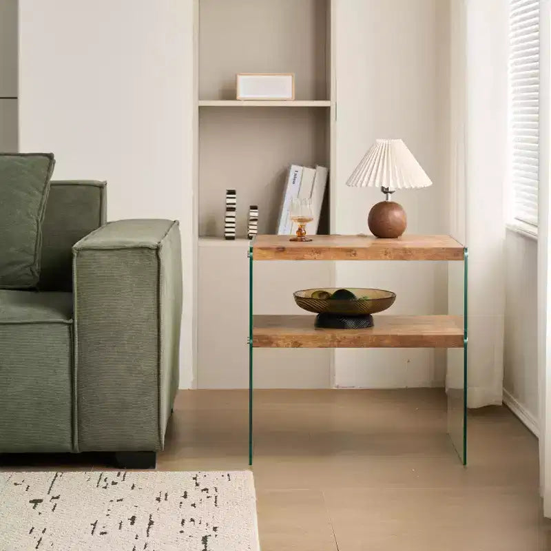 Walnut MDF Nightstand with Tempered Glass Top, Modern Side Table for Bedroom and Living Room