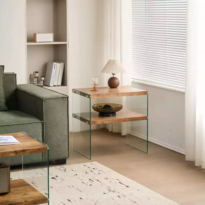 Comodino in MDF Noce con Piano in Vetro Temperato, Tavolino Moderno per Camera da Letto e Soggiorno