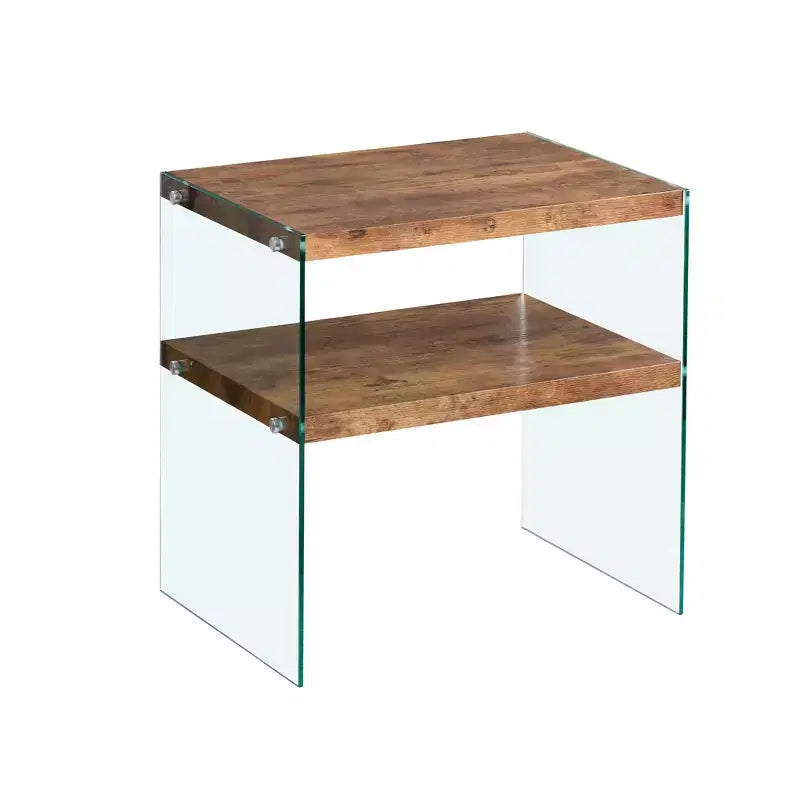 Walnut MDF Nightstand with Tempered Glass Top, Modern Side Table for Bedroom and Living Room