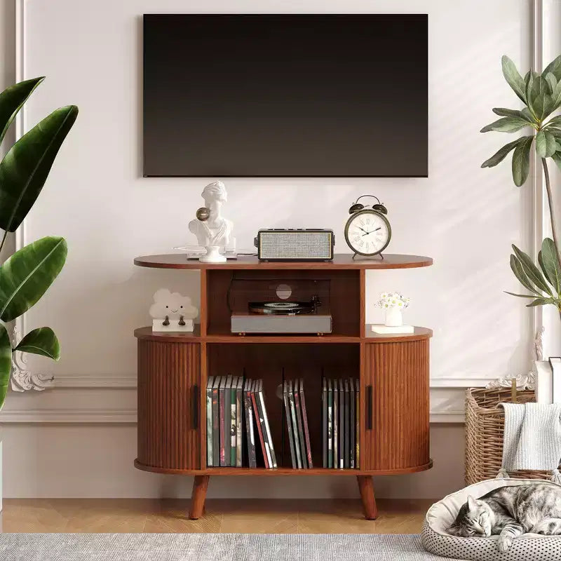 Mid-Century Round Record Player Stand with Charging Station and Vinyl Storage Cabinet - Brown