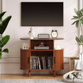 Mid-Century Round Record Player Stand with Charging Station and Vinyl Storage Cabinet - Brown