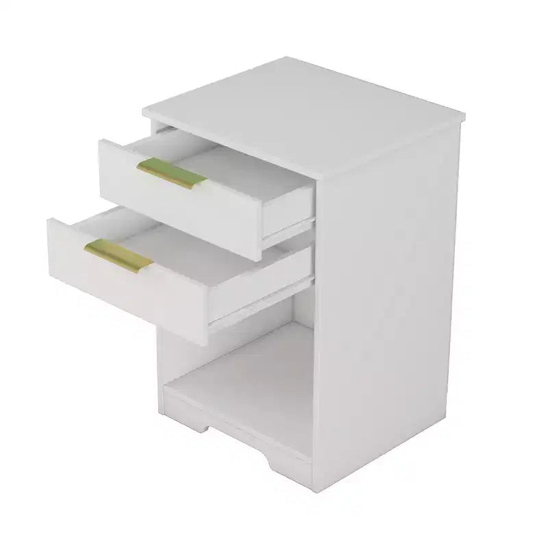 Con un design pulito e moderno, questo comodino con 2 cassetti, tavolino, comodino con spazio aperto, maniglia dorata, design moderno, per soggiorno.