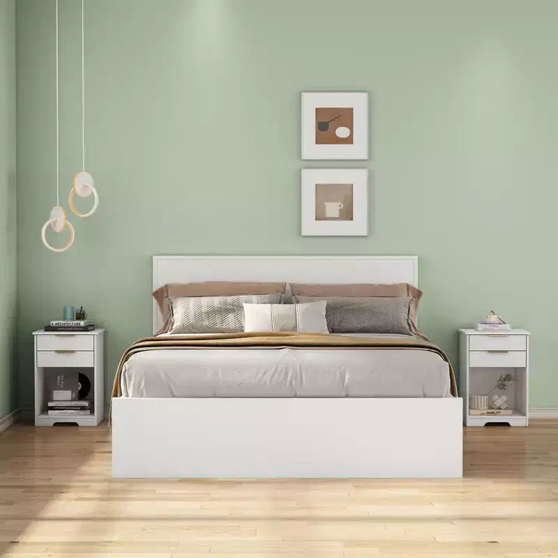 Con un design pulito e moderno, questo comodino con 2 cassetti, tavolino, comodino con spazio aperto, maniglia dorata, design moderno, per soggiorno.