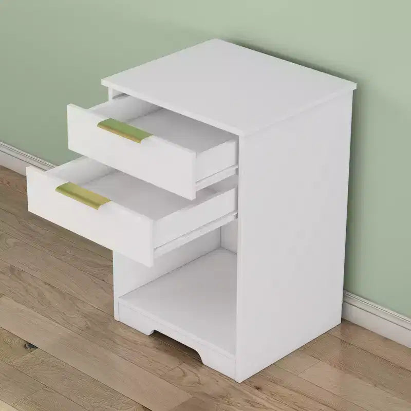 Con un design pulito e moderno, questo comodino con 2 cassetti, tavolino, comodino con spazio aperto, maniglia dorata, design moderno, per soggiorno.