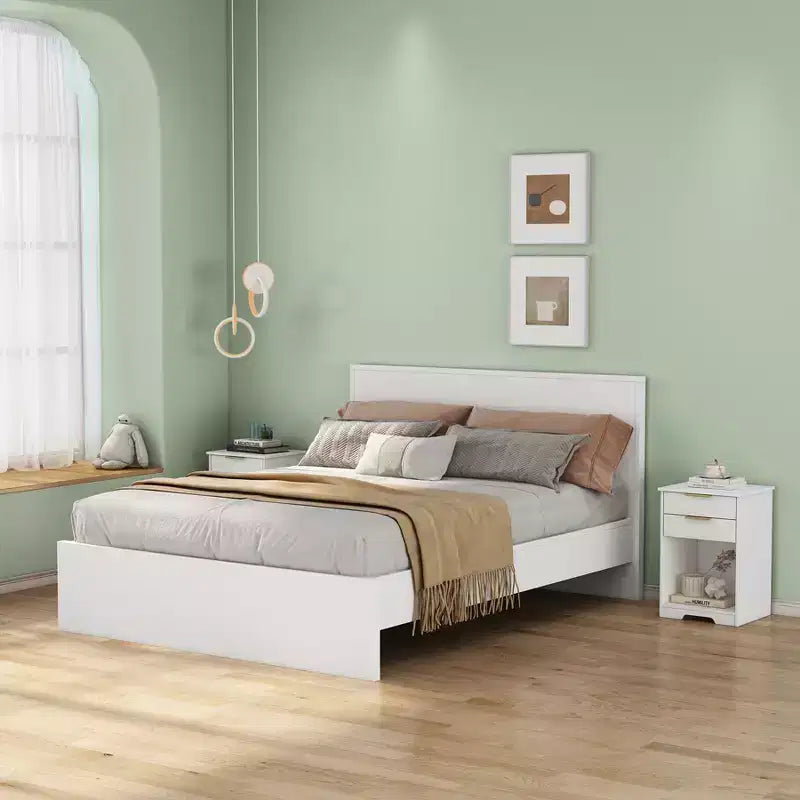 Con un design pulito e moderno, questo comodino con 2 cassetti, tavolino, comodino con spazio aperto, maniglia dorata, design moderno, per soggiorno.