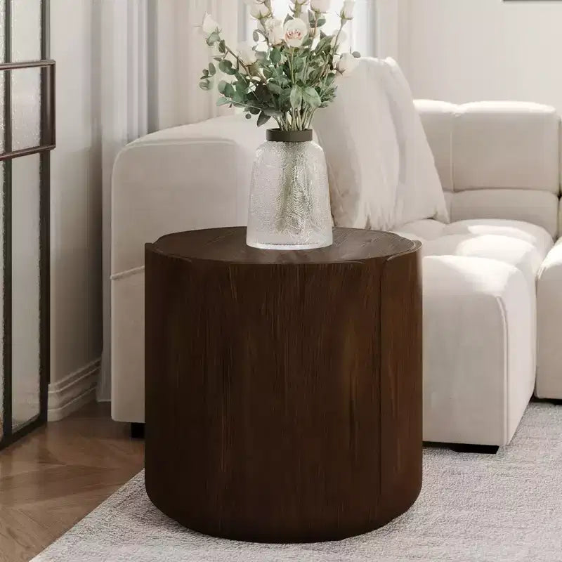 Tavolino rotondo 19.29H per esterni e interni, sgabello da giardino moderno con venature del legno