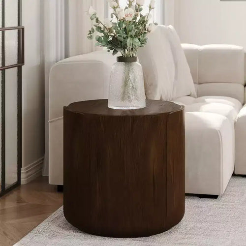 Tavolino rotondo 19.29H per esterni e interni, sgabello da giardino moderno con venature del legno